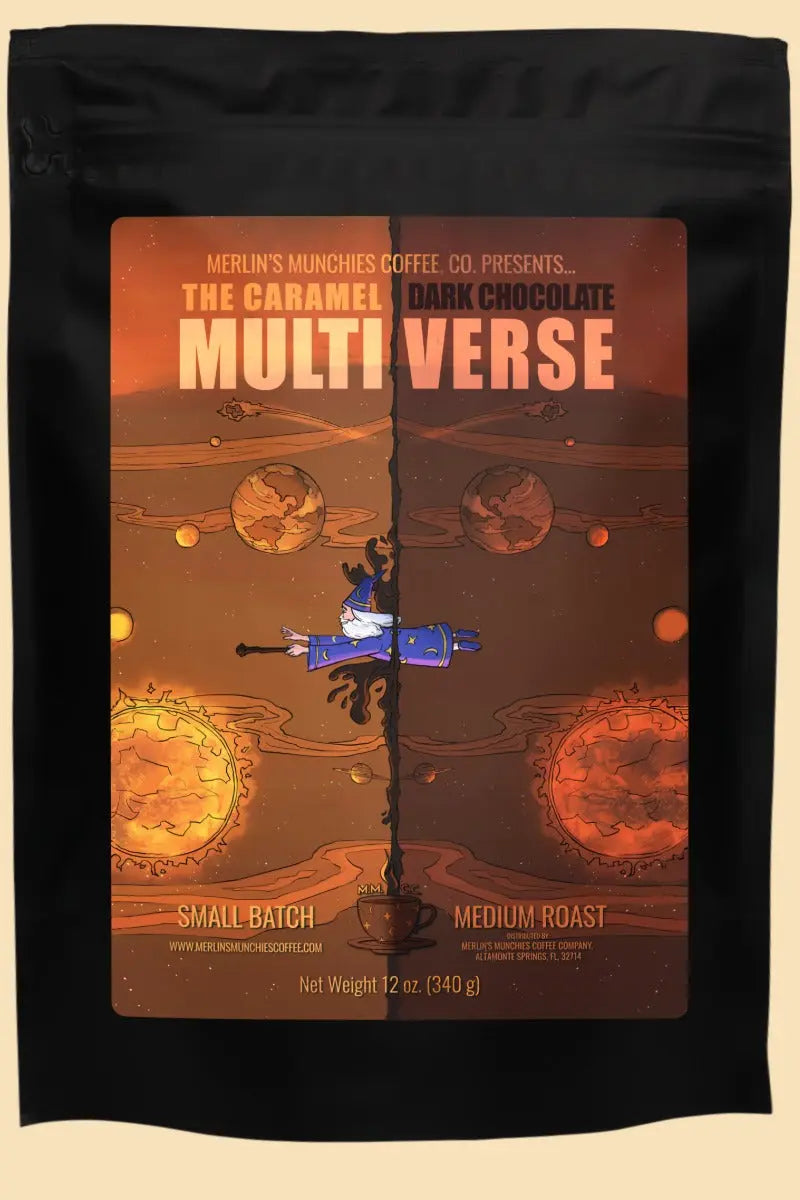 DECAF Caramel Dark Chocolate Multiverse 12 oz Merlin's Munchies Coffee Company