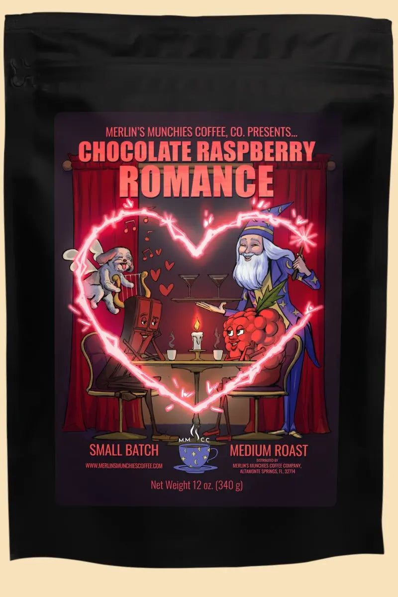 DECAF Chocolate Raspberry Romance 12 oz Merlin's Munchies Coffee Company