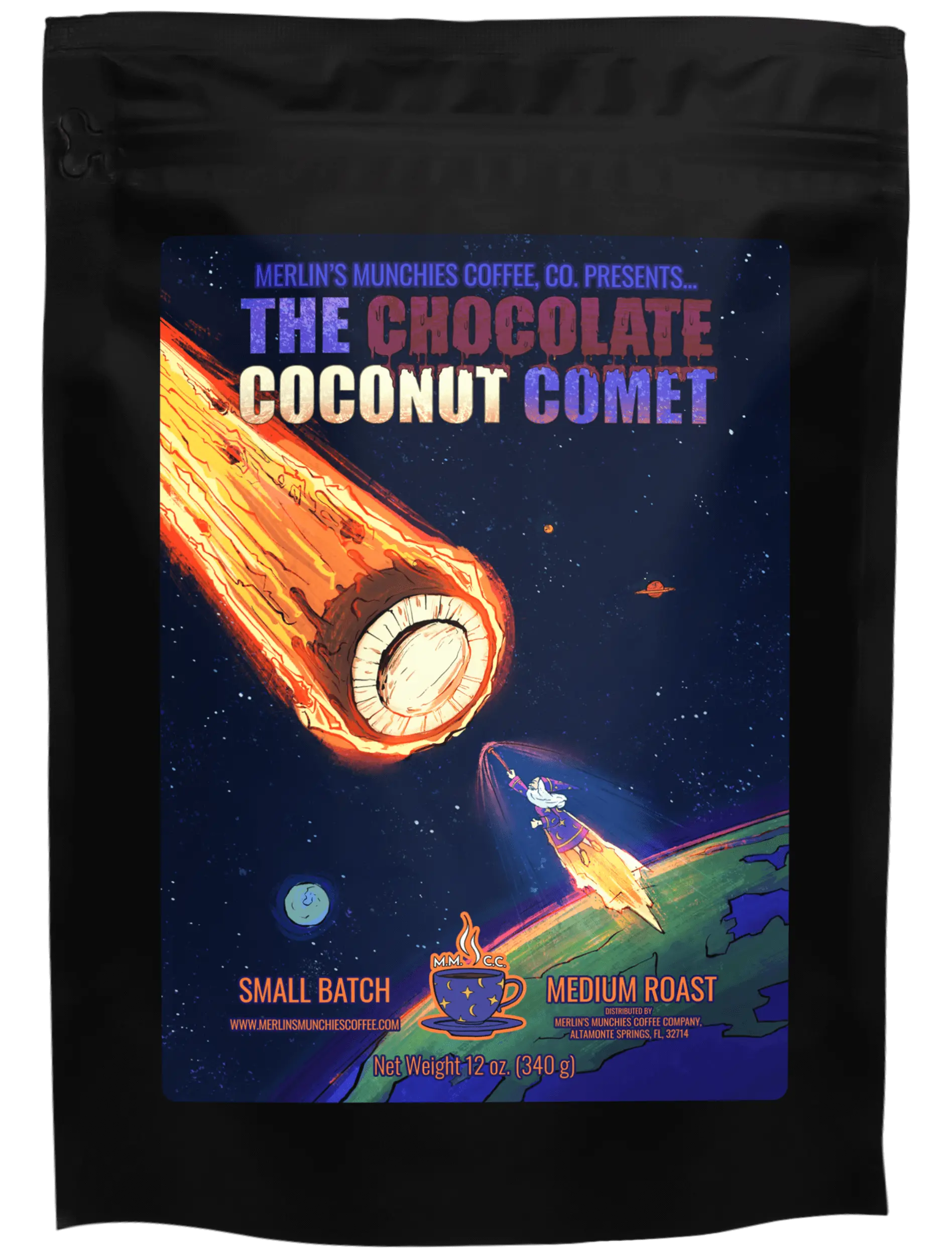 Chocolate Coconut Comet 12oz Merlin's Munchies Coffee Company