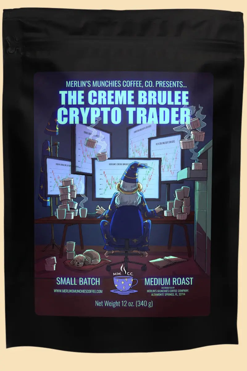DECAF Creme Brulee Crypto Trader 12 oz Merlin's Munchies Coffee Company
