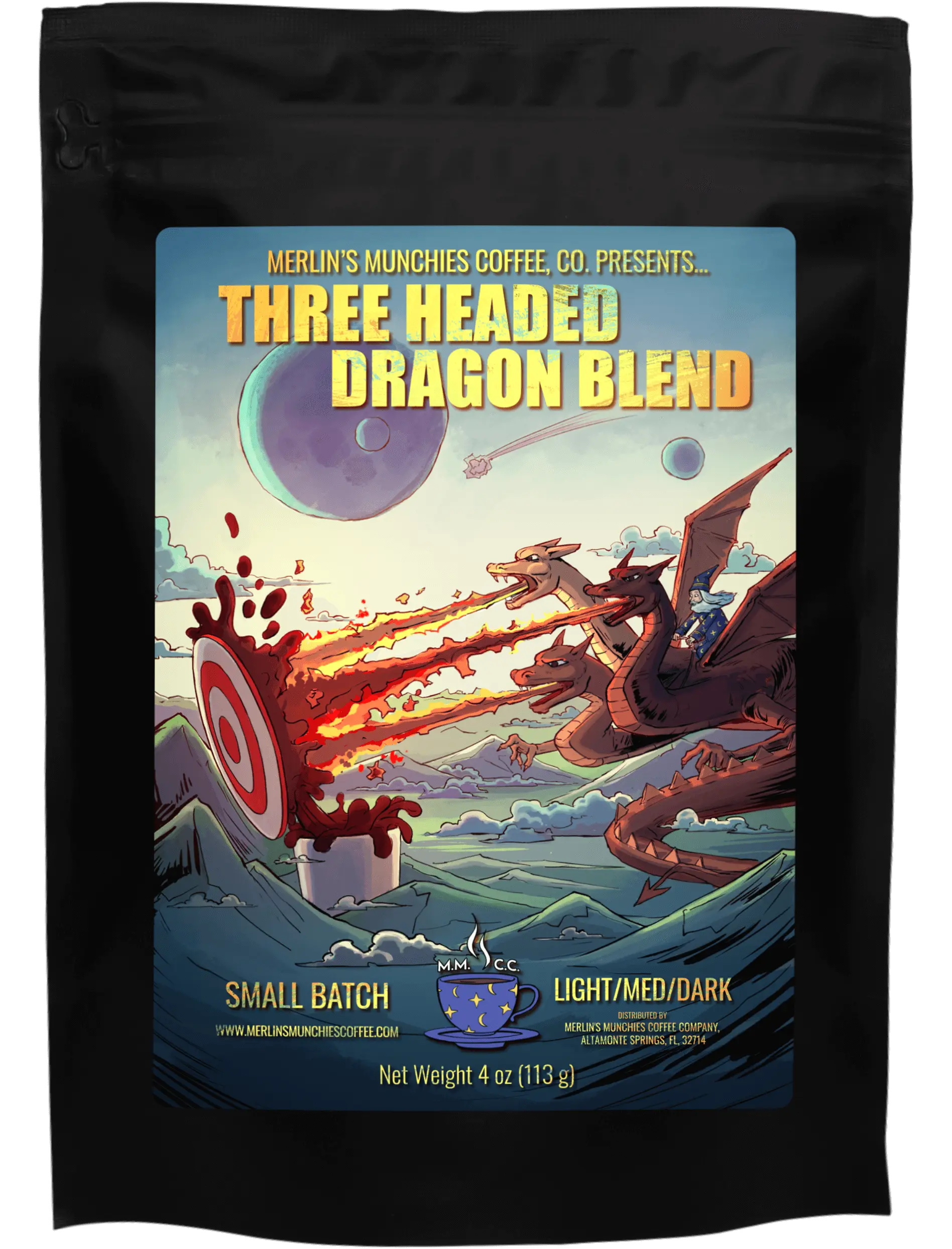 Three Headed Dragon Blend 12oz Merlin's Munchies Coffee Company