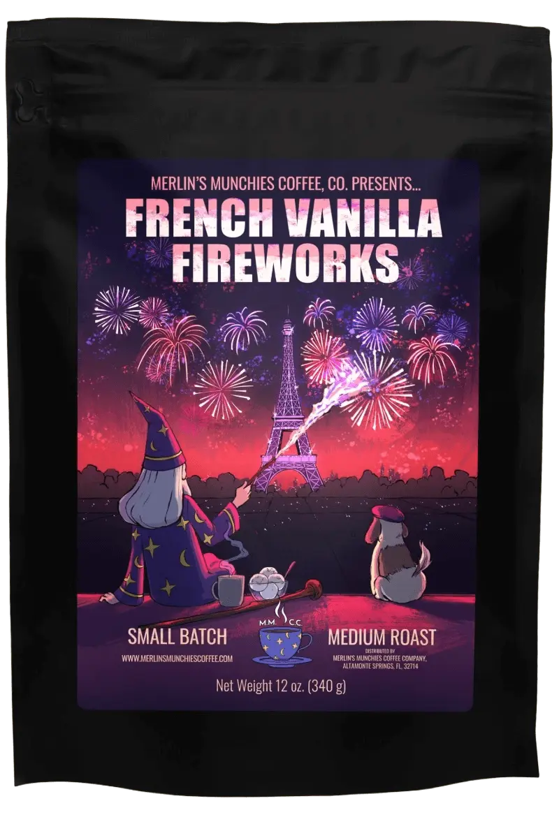 DECAF French Vanilla Fireworks 12oz Merlin's Munchies Coffee Company