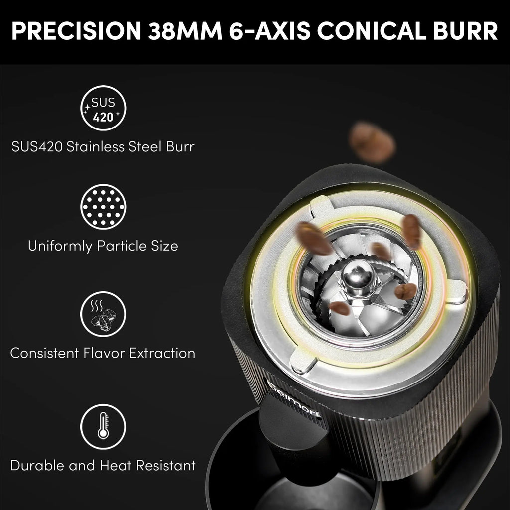 Geimori T38-The True Pro Grade Portable Coffee Grinder with 38mm Conical Burrs, 3600mAh Batteries, Stepless Grind Settings Wirsh