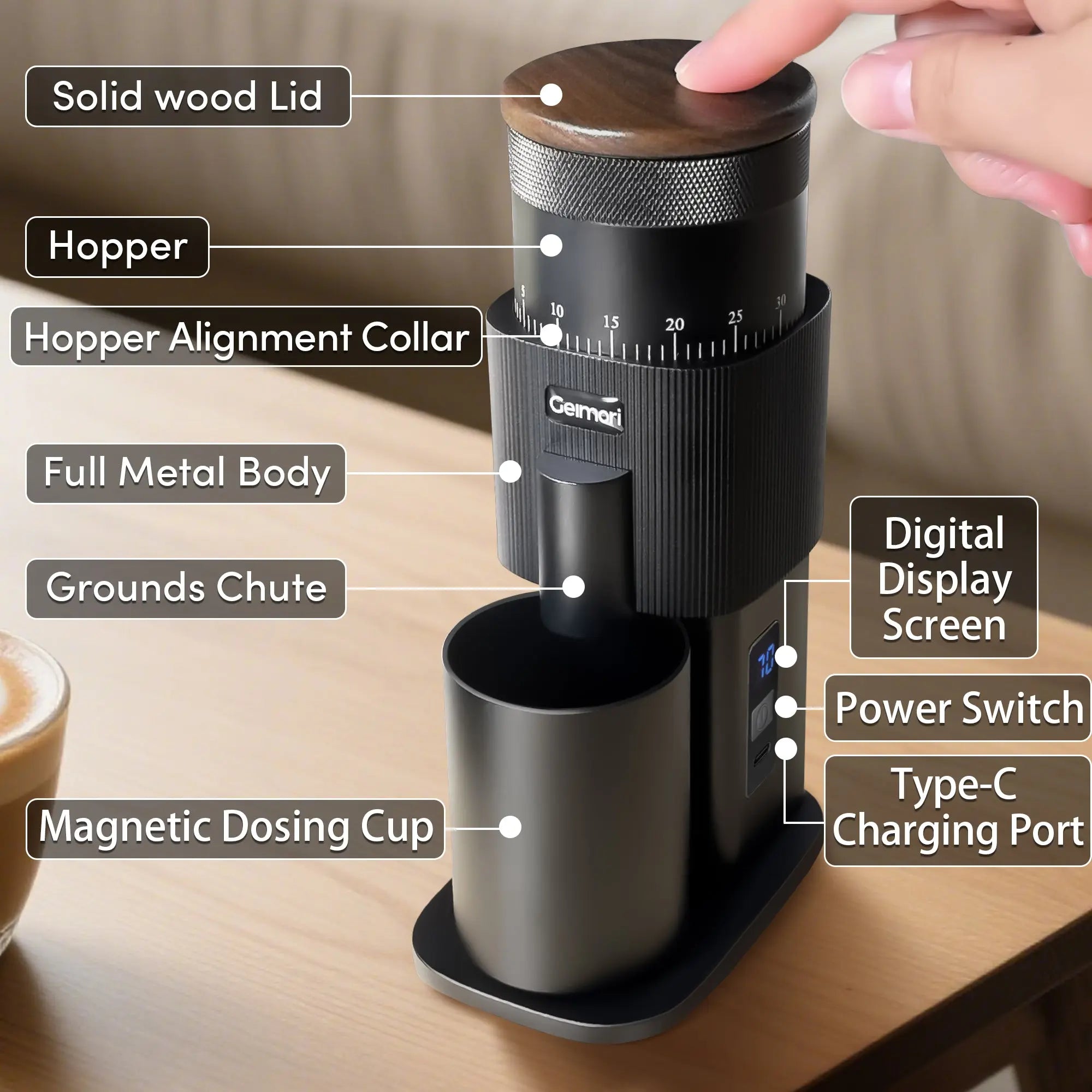 Geimori T38-The True Pro Grade Portable Coffee Grinder with 38mm Conical Burrs, 3600mAh Batteries, Stepless Grind Settings Wirsh