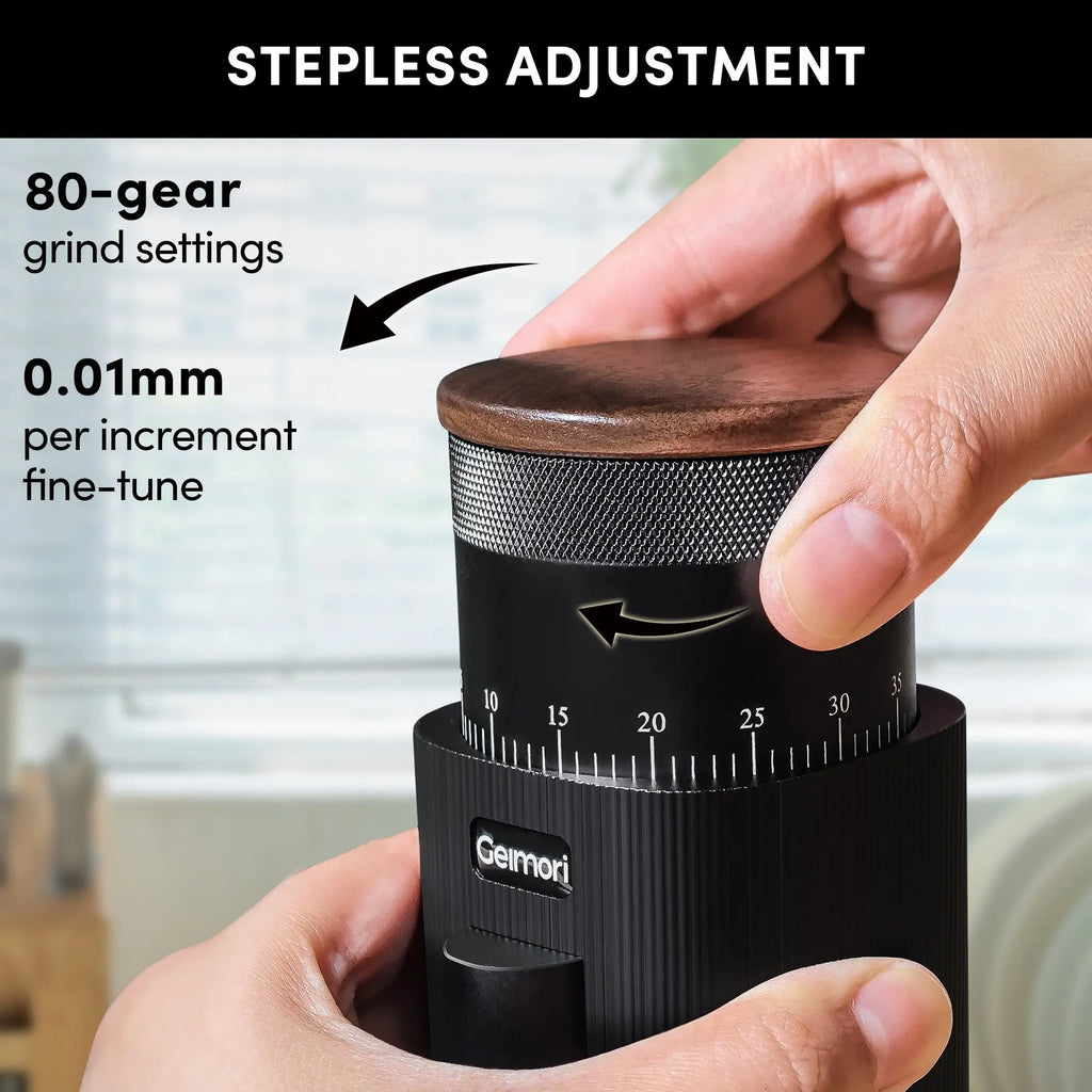 Geimori T38-The True Pro Grade Portable Coffee Grinder with 38mm Conical Burrs, 3600mAh Batteries, Stepless Grind Settings Wirsh