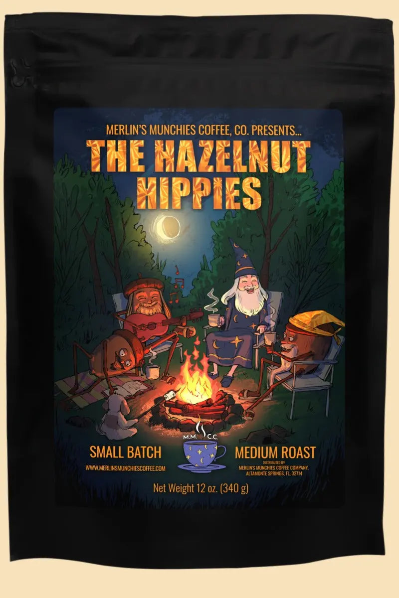 Decaf Hazelnut Hippies 12 oz Merlin's Munchies Coffee Company