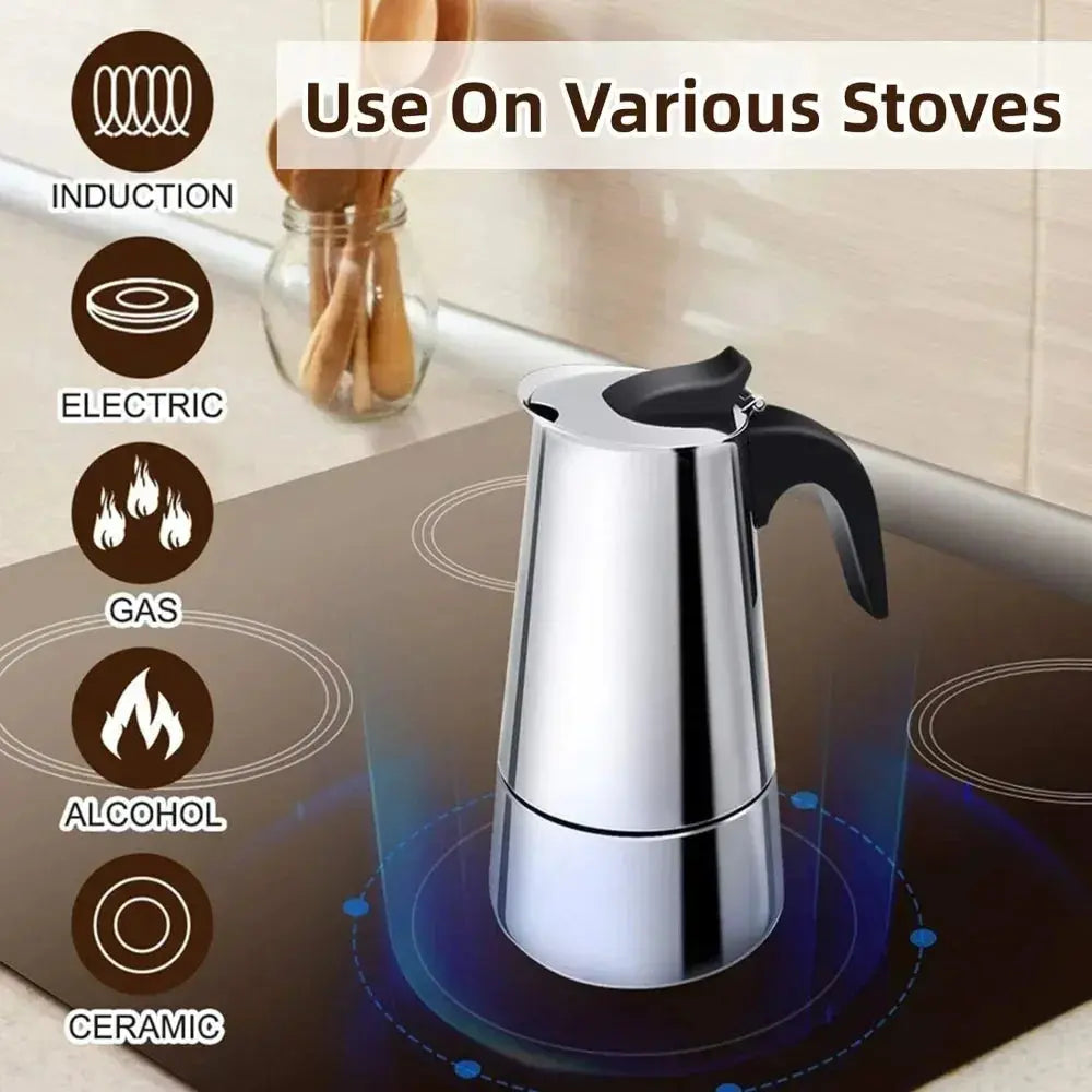 Moka Pot Stovetop Espresso Maker - 2/4/6 Cup Stainless Steel, Induction & Gas Compatible FanzyMarket