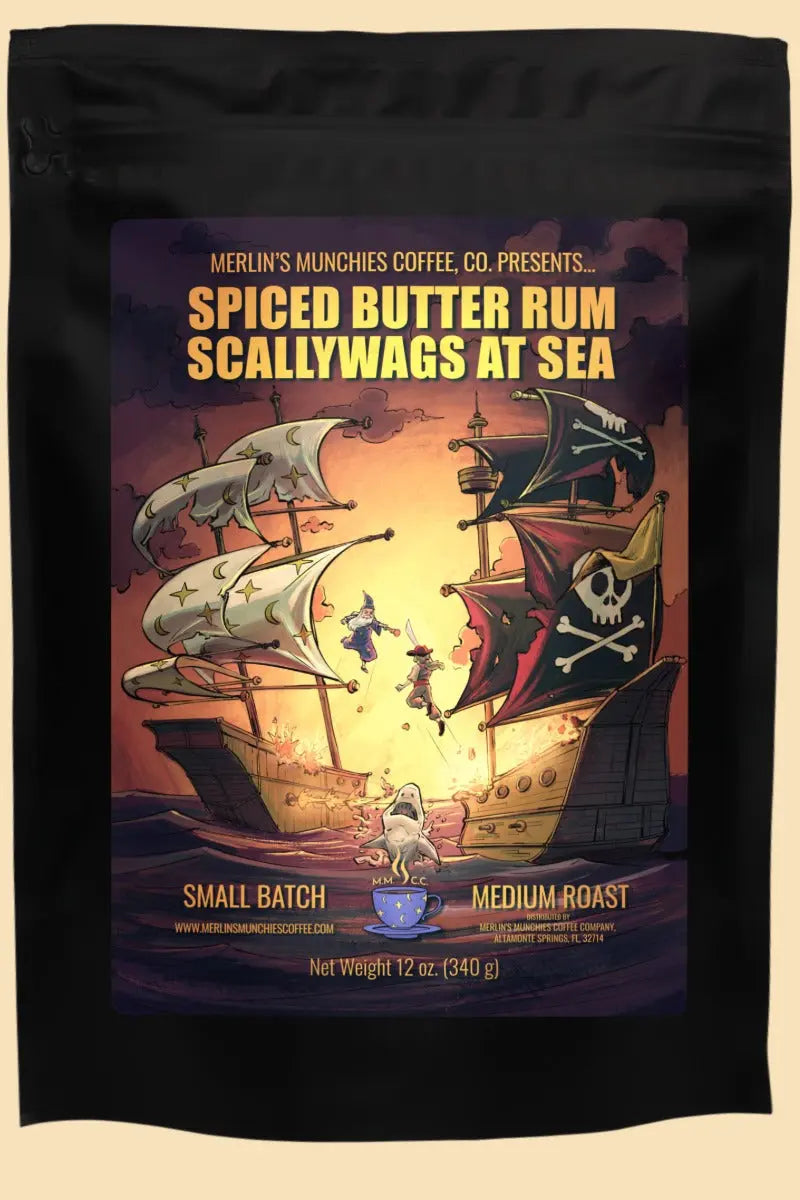 DECAF Spiced Butter Rum Scallywags at Sea 12 oz Merlin's Munchies Coffee Company