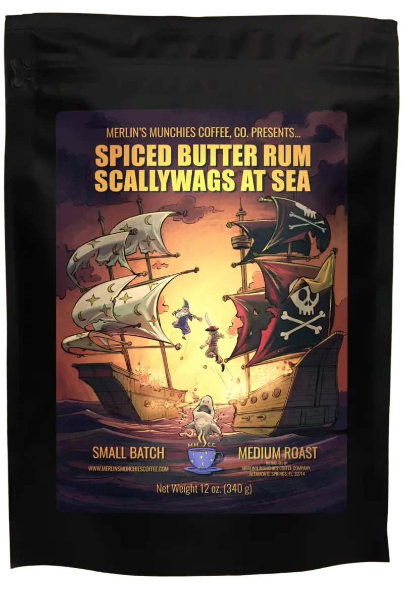 Spiced Butter Rum Scallywags at Sea 12oz Merlin's Munchies Coffee Company
