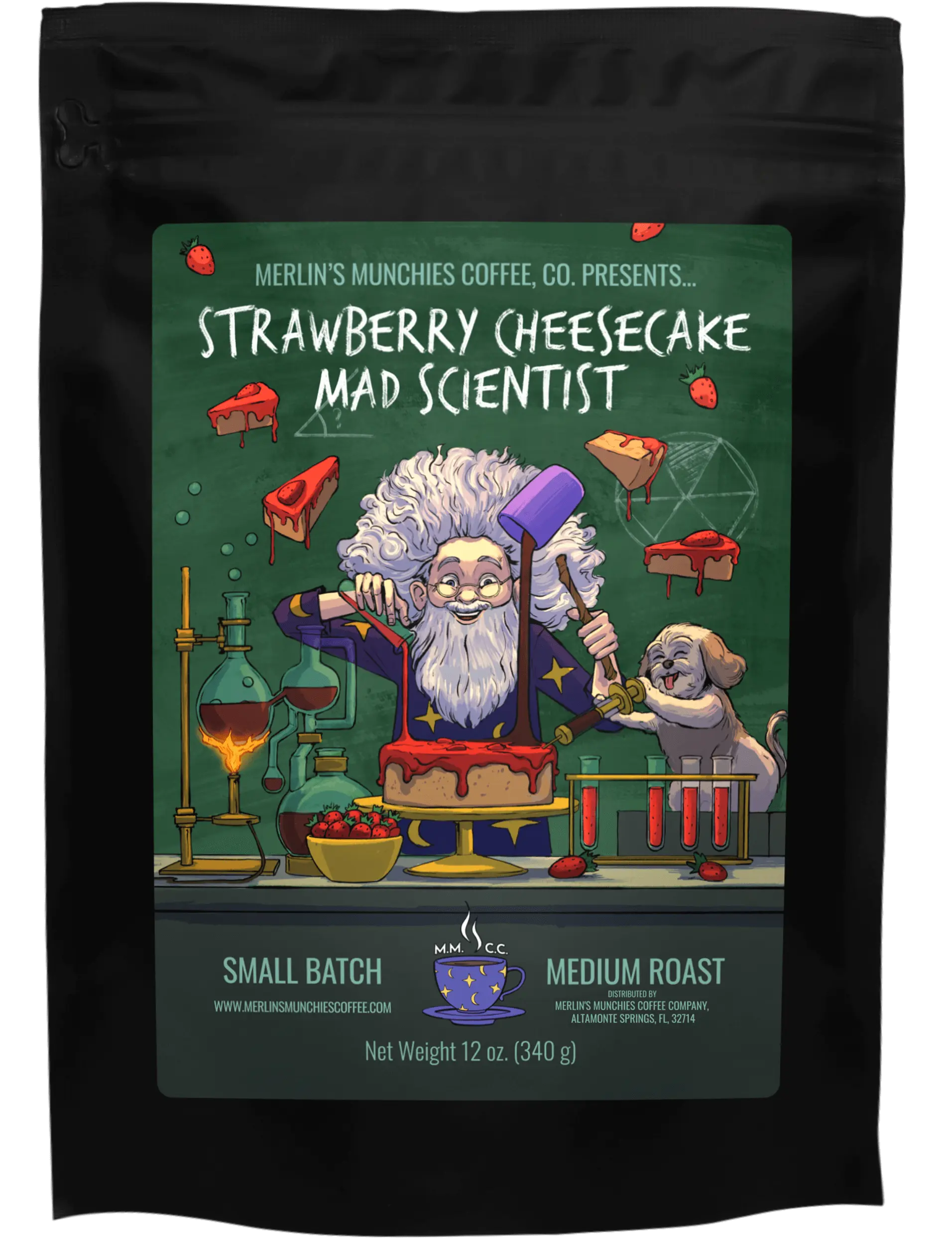 DECAF Strawberry Cheesecake Mad Scientist 12oz Merlin's Munchies Coffee Company
