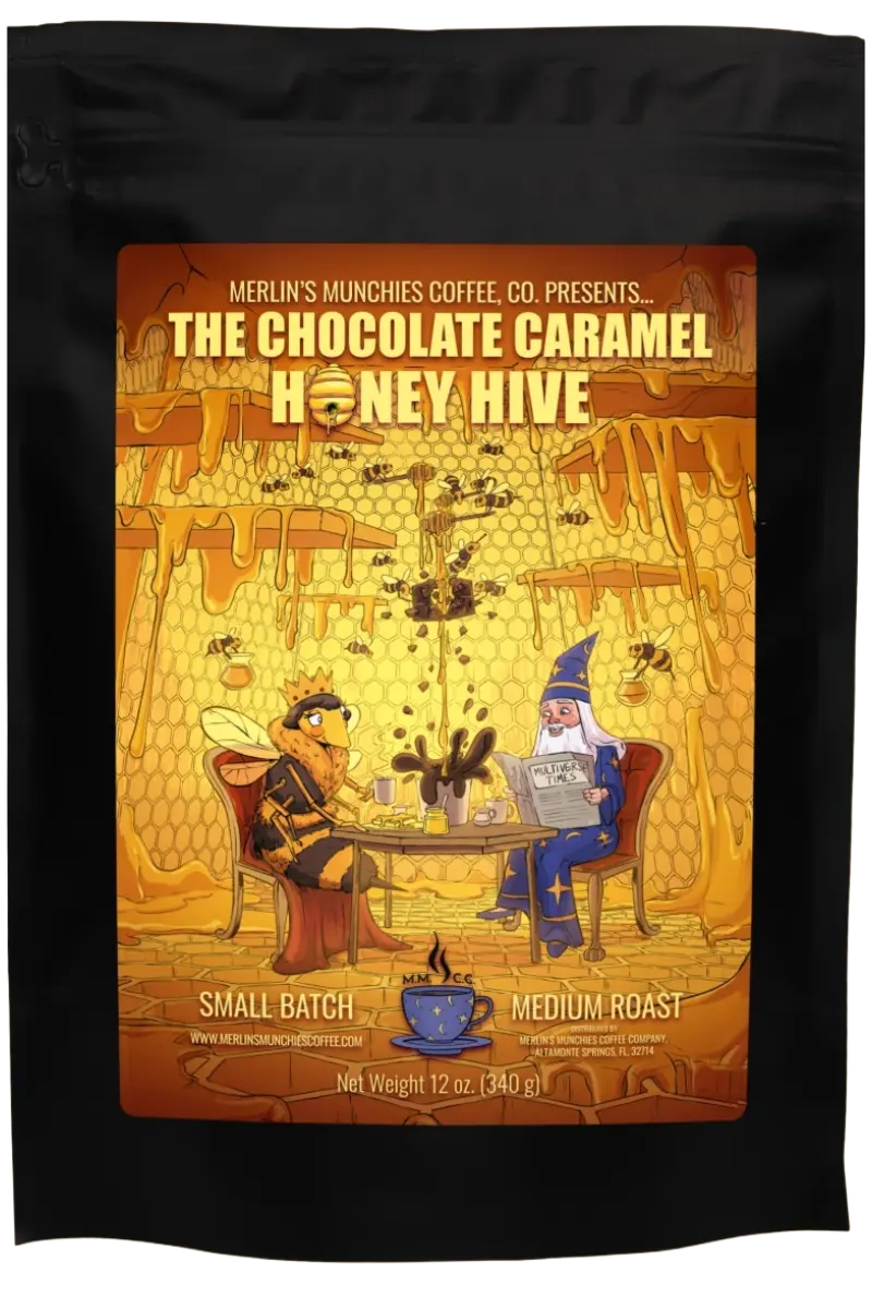 DECAF Chocolate Caramel Honey Hive 12oz Merlin's Munchies Coffee Company