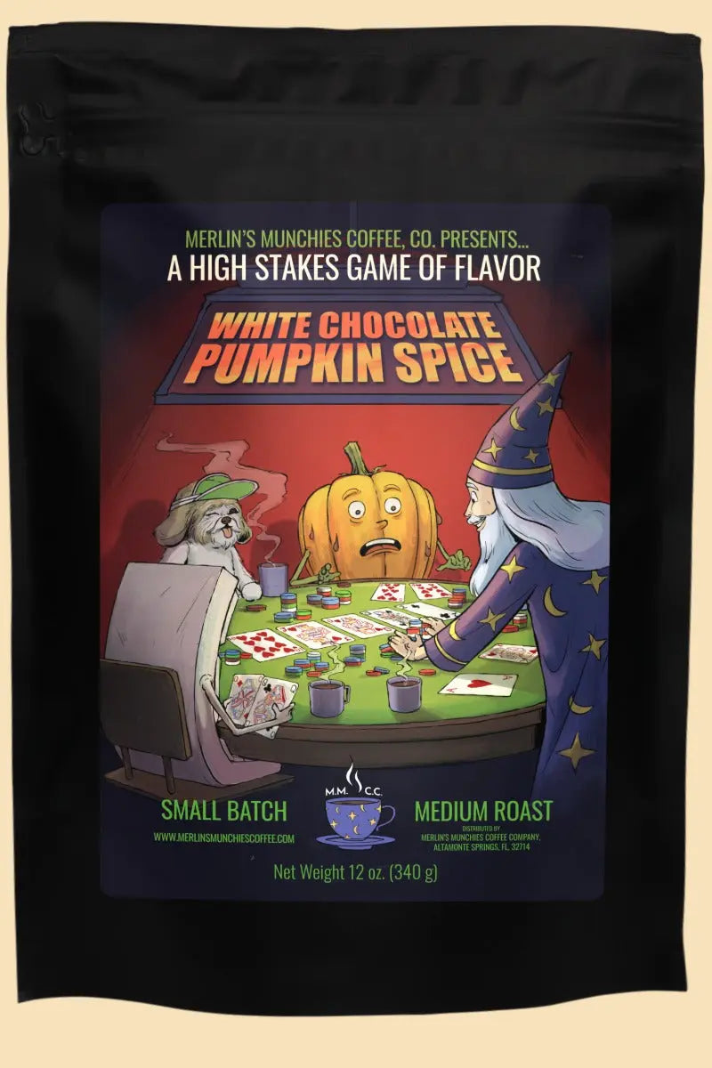 DECAF White Chocolate Pumpkin Spice 12 oz Merlin's Munchies Coffee Company