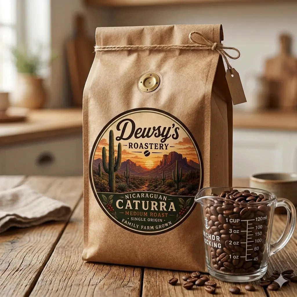 Dewsy's Nicaraguan Caturra Medium Roast Coffee Beans - 1lb. This Item only ships within AZ Dewsy's Roastery