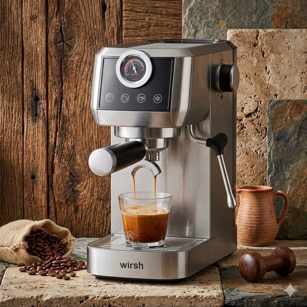 Wirsh 20 Bar Espresso Machine with Plastic Free Portafilter and Steamer, Pressure Gauge, Touch Screen, Full Stainless Steel (Home Barista Plus)